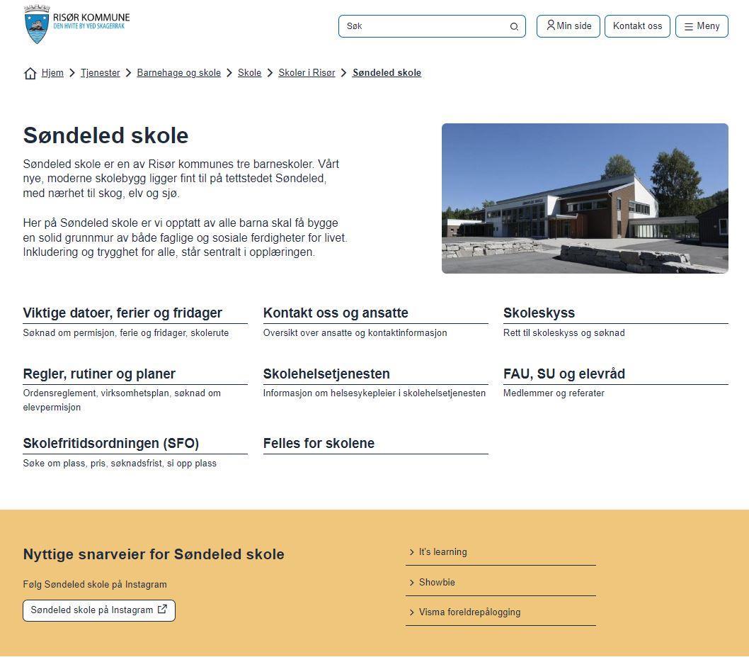 Skjermbilde av Søndeled skole på hjemmesiden.JPG - Klikk for stort bilde