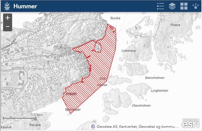 Kart som viser fredningsområde for hummer i Risør - Klikk for stort bilde